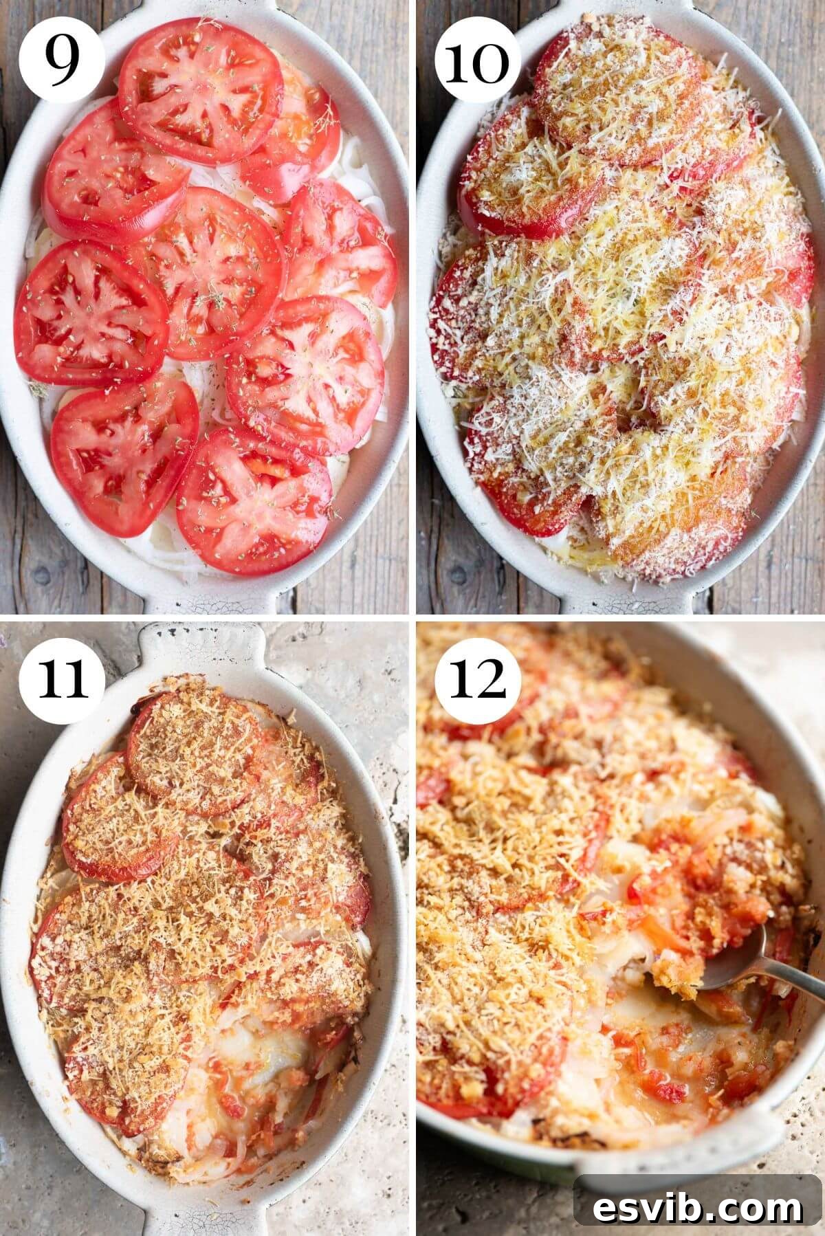 Four photos in a collage illustrating the final steps of preparing Patate alla Lucana: adding the second layer, topping with breadcrumbs and Pecorino, and the baked gratin.