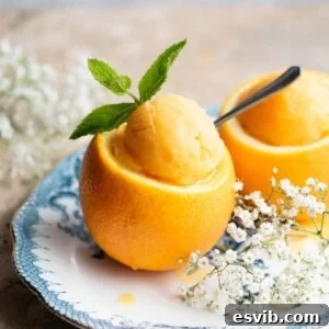 A close-up cropped image of vibrant orange sorbet in a whole orange topped with a sprig of mint.