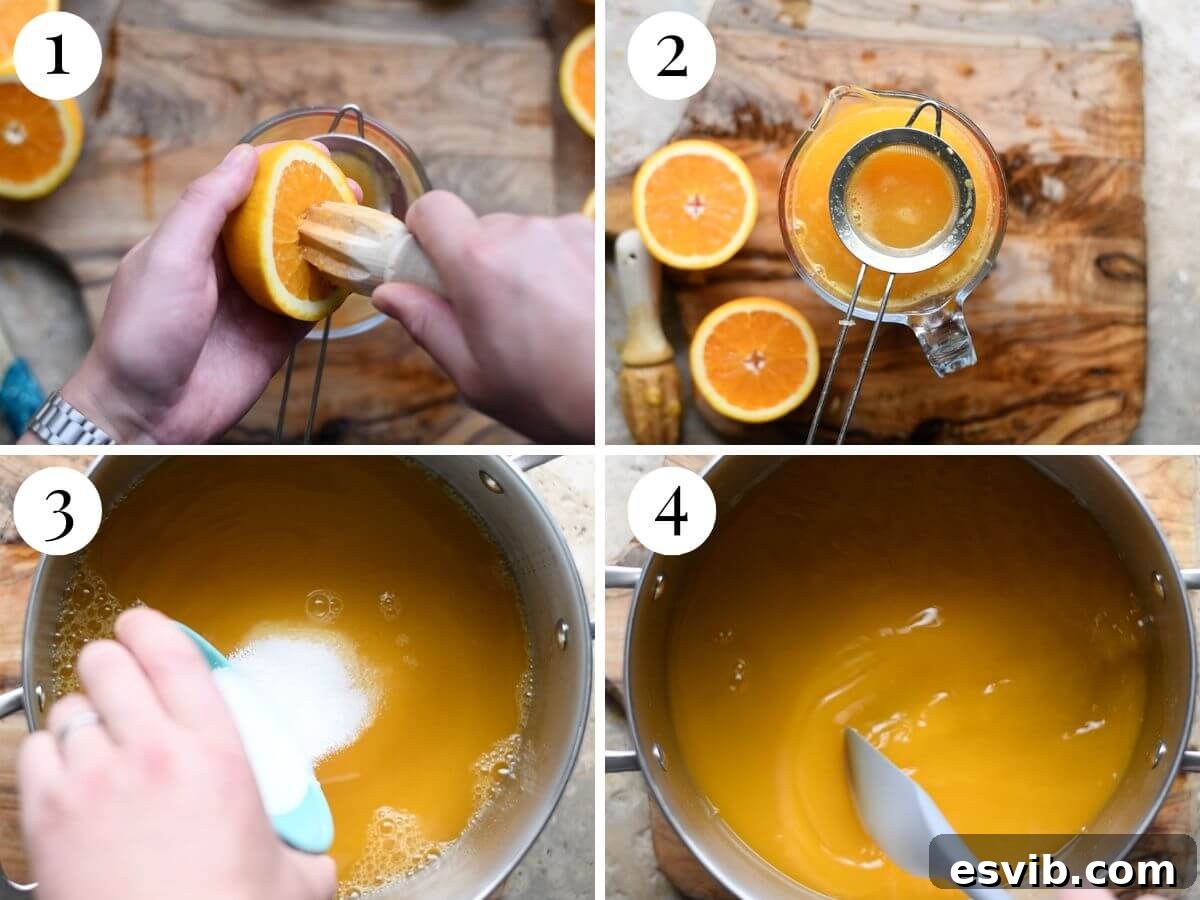 A four-panel collage illustrating the initial steps: juicing fresh oranges, straining the juice to remove pulp, combining juice and sugar in a saucepan, and heating the mixture to dissolve sugar.