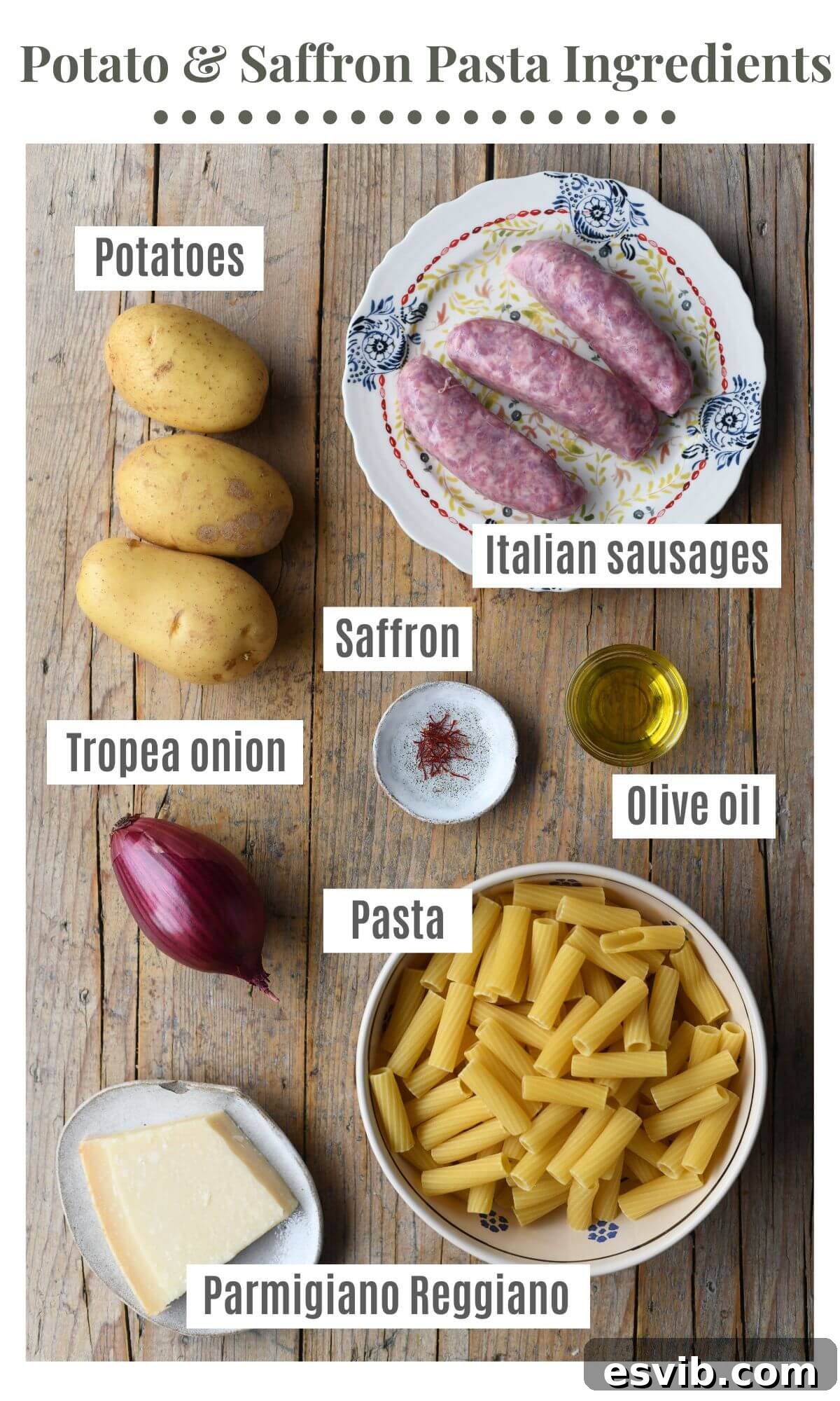 An overhead shot of all the ingredients needed to make a potato, saffron and sausage pasta.