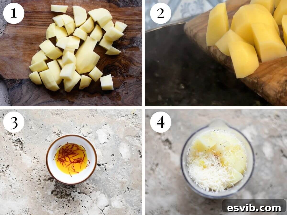 Four photos in a collage showing how to make a saffron potato puree.