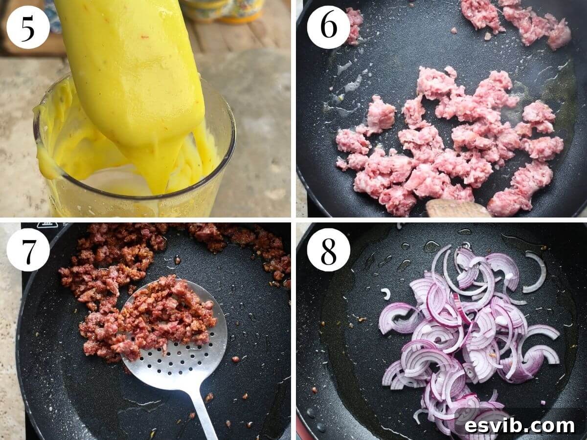 Four photos in a collage showing how to saute sausages and onions.