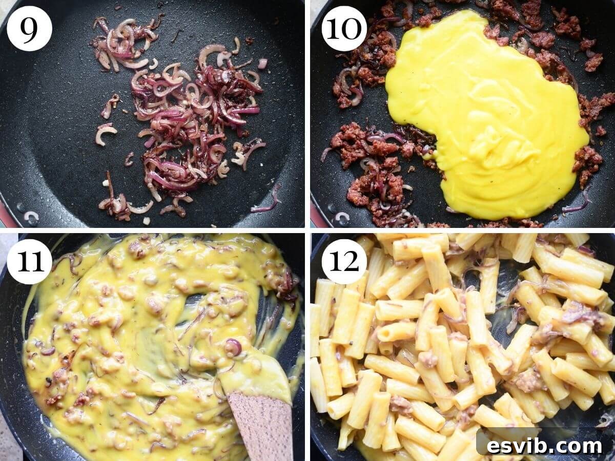 Four photos in a collage showing how finish making the potato saffron and sausage sauce.