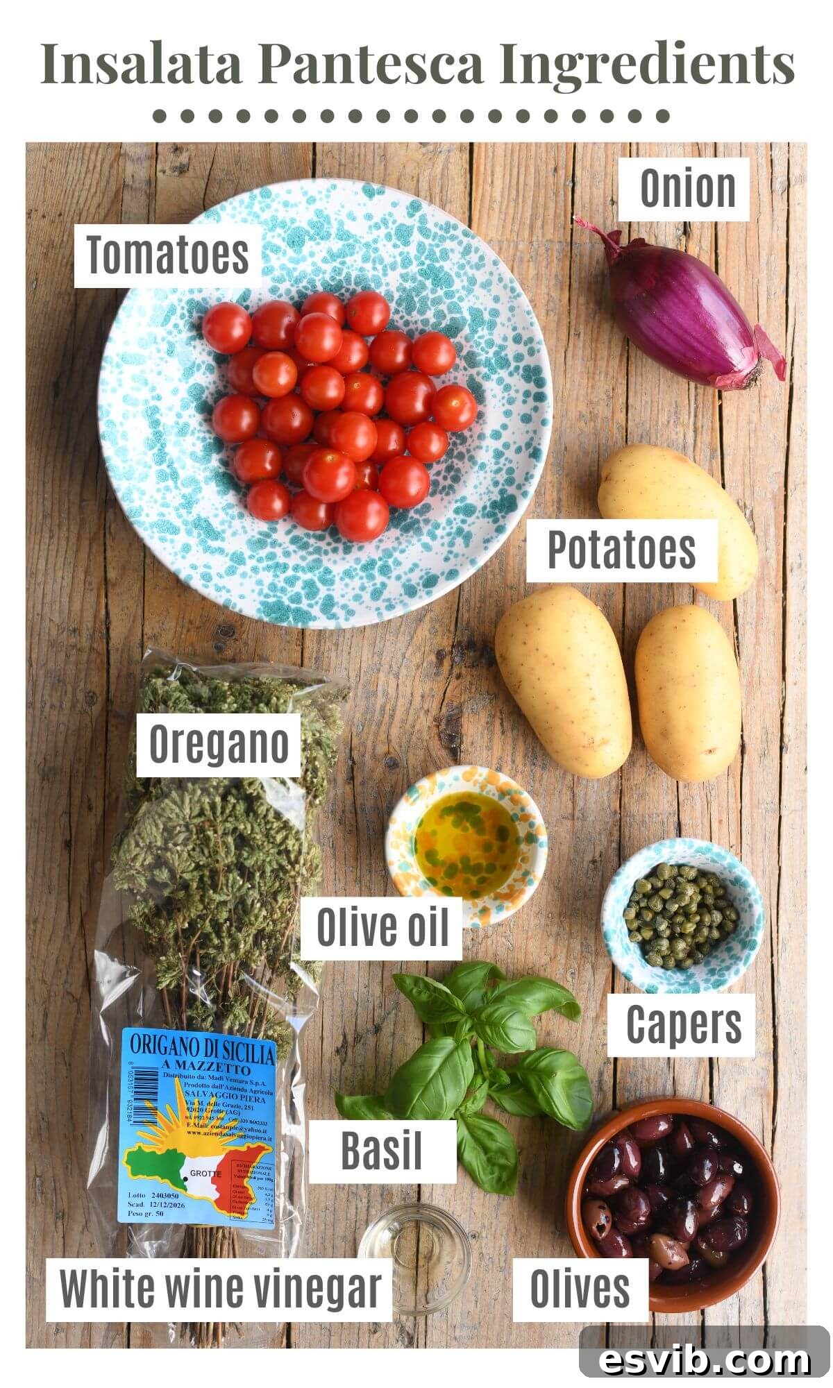 An overhead shot showcasing all the fresh and vibrant ingredients required to prepare a traditional Sicilian potato salad, laid out on a rustic surface.