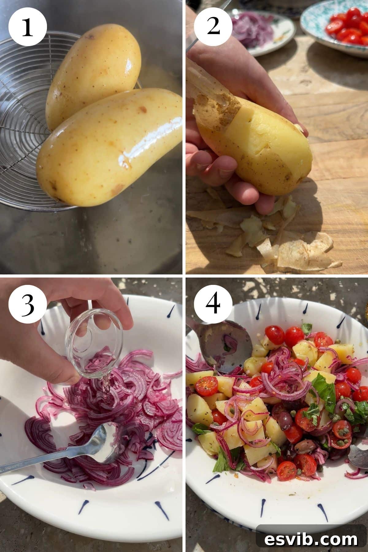 A four-panel photo collage demonstrating the step-by-step process of making a traditional Sicilian potato salad, from boiling potatoes to combining ingredients.