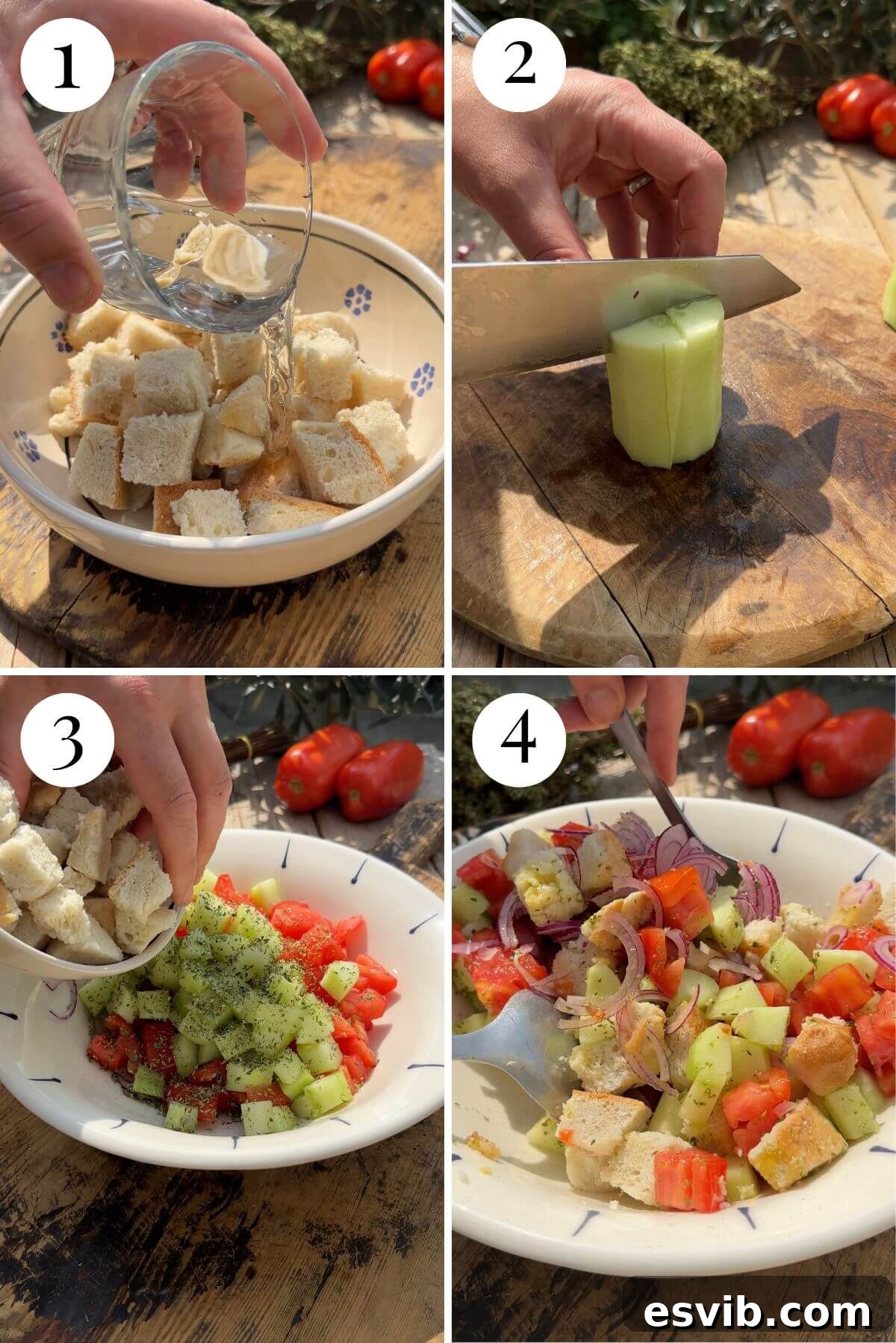 Four photos in a collage showing how to make a bread salad with tomato and cucumber.