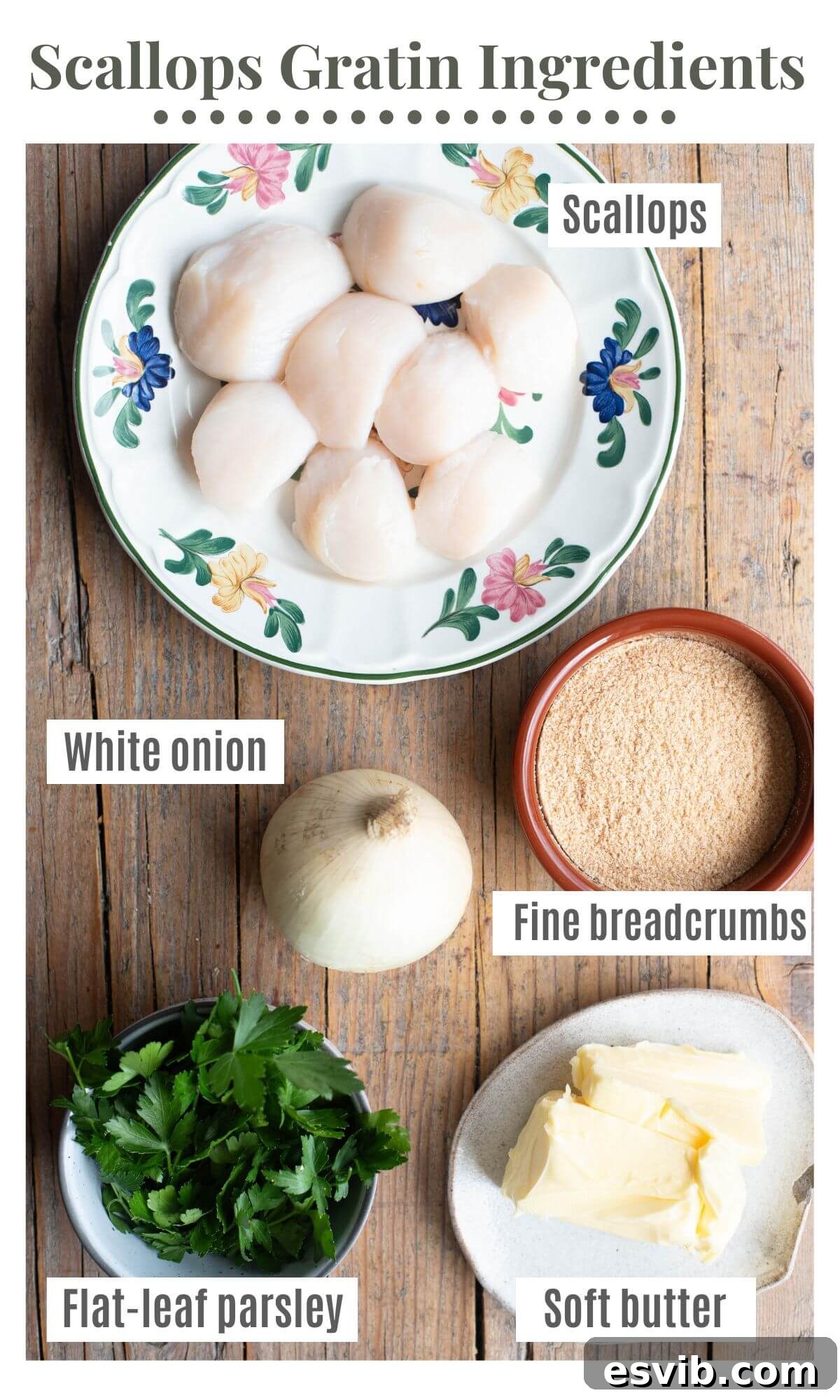 An overhead shot of all the ingredients needed to make Italian scallops gratin.
