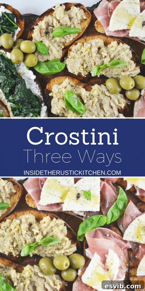 Pinterest graphic: Crostini Three Ways Recipe - Three delicious and super easy crostini ideas that are perfect for parties, you will love it!