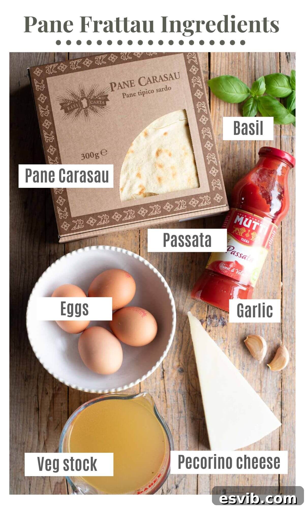 An overhead shot of all the ingredients needed to make Sardinian Pane Frattau.