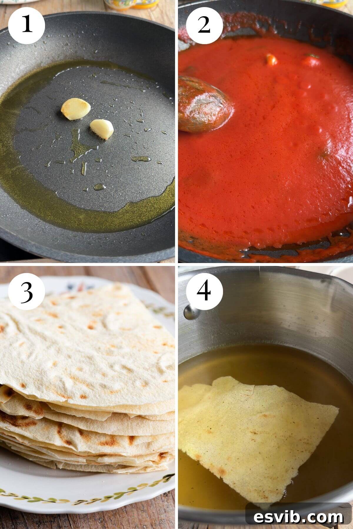 Four photos in a collage showing how to make a simple tomato sauce and dunk Pane Carasau in stock.