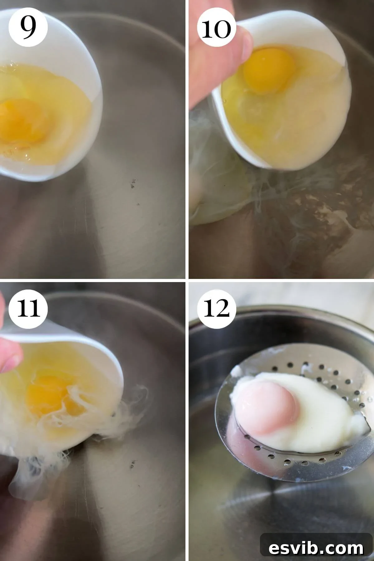 Four photos in a collage showing how to poach eggs.