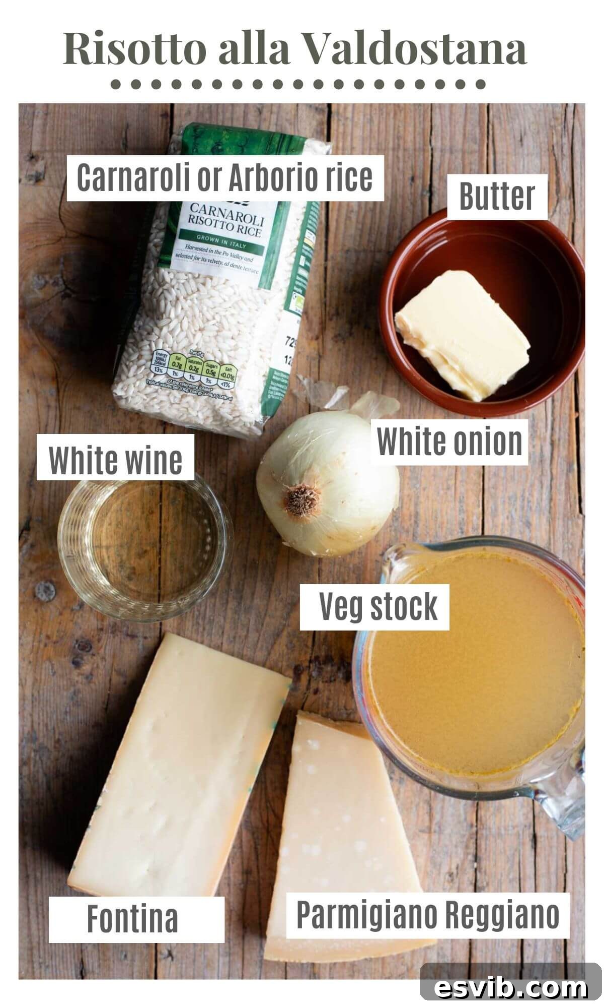 Creamy Fontina Risotto 3 An overhead shot of all the ingredients you need to make a cheesy risotto from Aosta Valley called Risotto alla Valdostana.