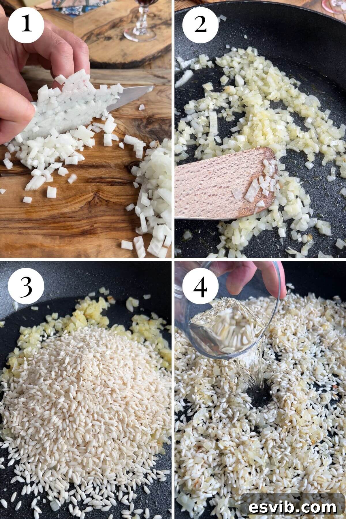Creamy Fontina Risotto 5 Four photos in a collage showing the first steps of making a risotto: sauteing onion, adding rice, toasting rice, and deglazing with white wine.