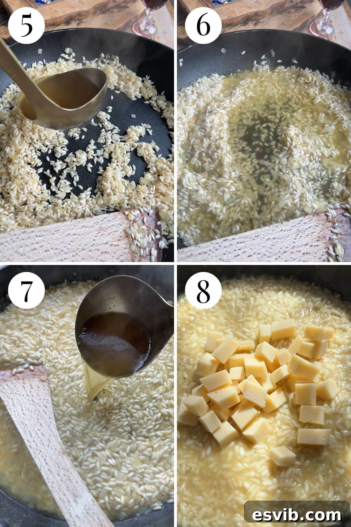 Creamy Fontina Risotto 6 Four photos in a collage showing how to make a risotto with stock and cheese: adding stock, stirring, adding cheese, and the final creamy result.