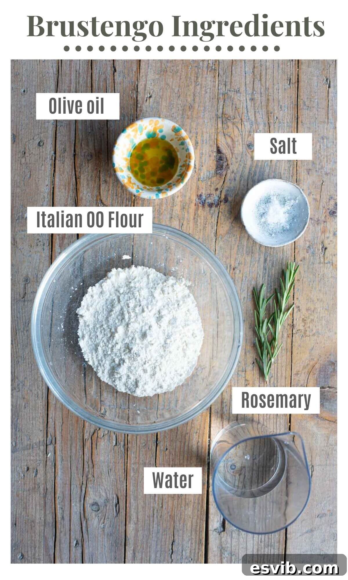 Brustengo: Umbria's Rustic Flatbread 3 An overhead shot of all the ingredients needed to make Brustengo (Italian flatbread).