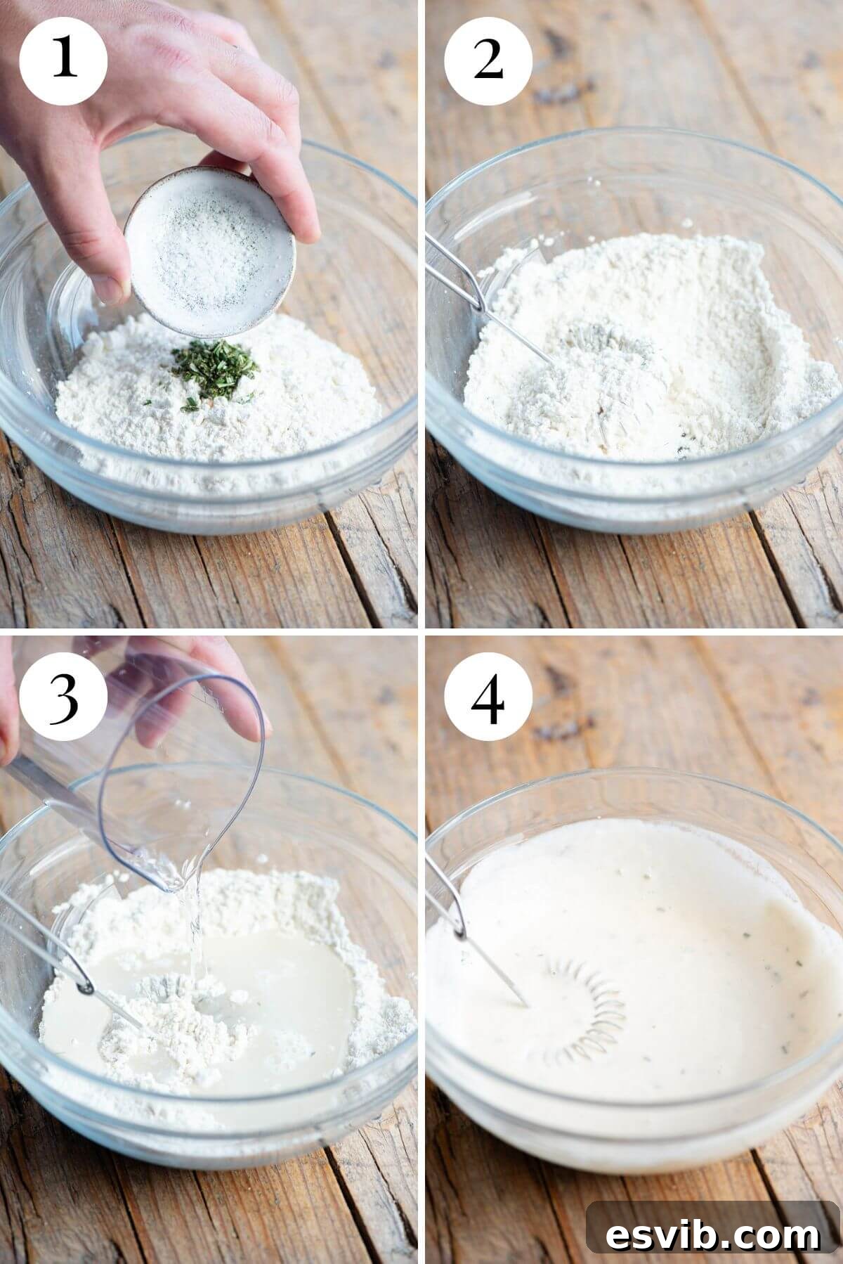 Brustengo: Umbria's Rustic Flatbread 4 Four photos in a collage showing how to make Brustengo batter.