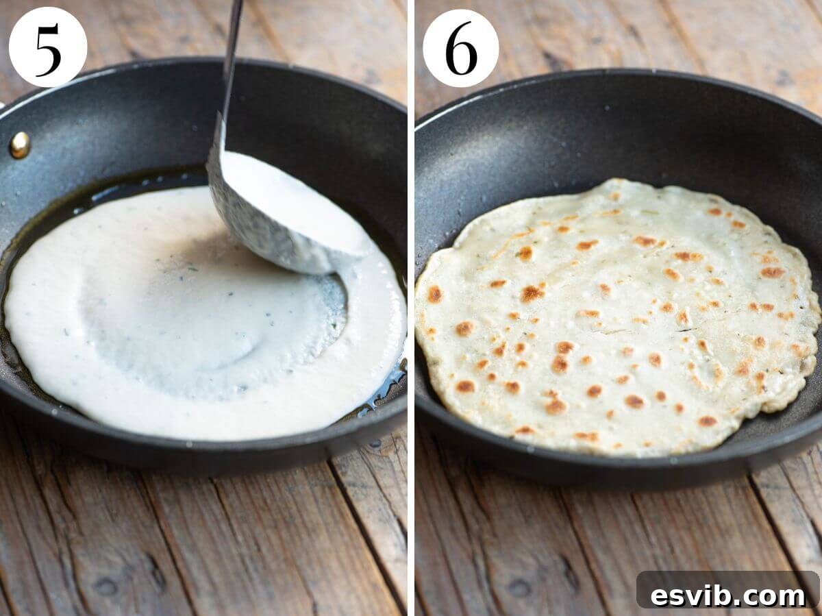 Brustengo: Umbria's Rustic Flatbread 5 Two photos in a collage showing how to four batter into a pan and make an Italian flatbread.