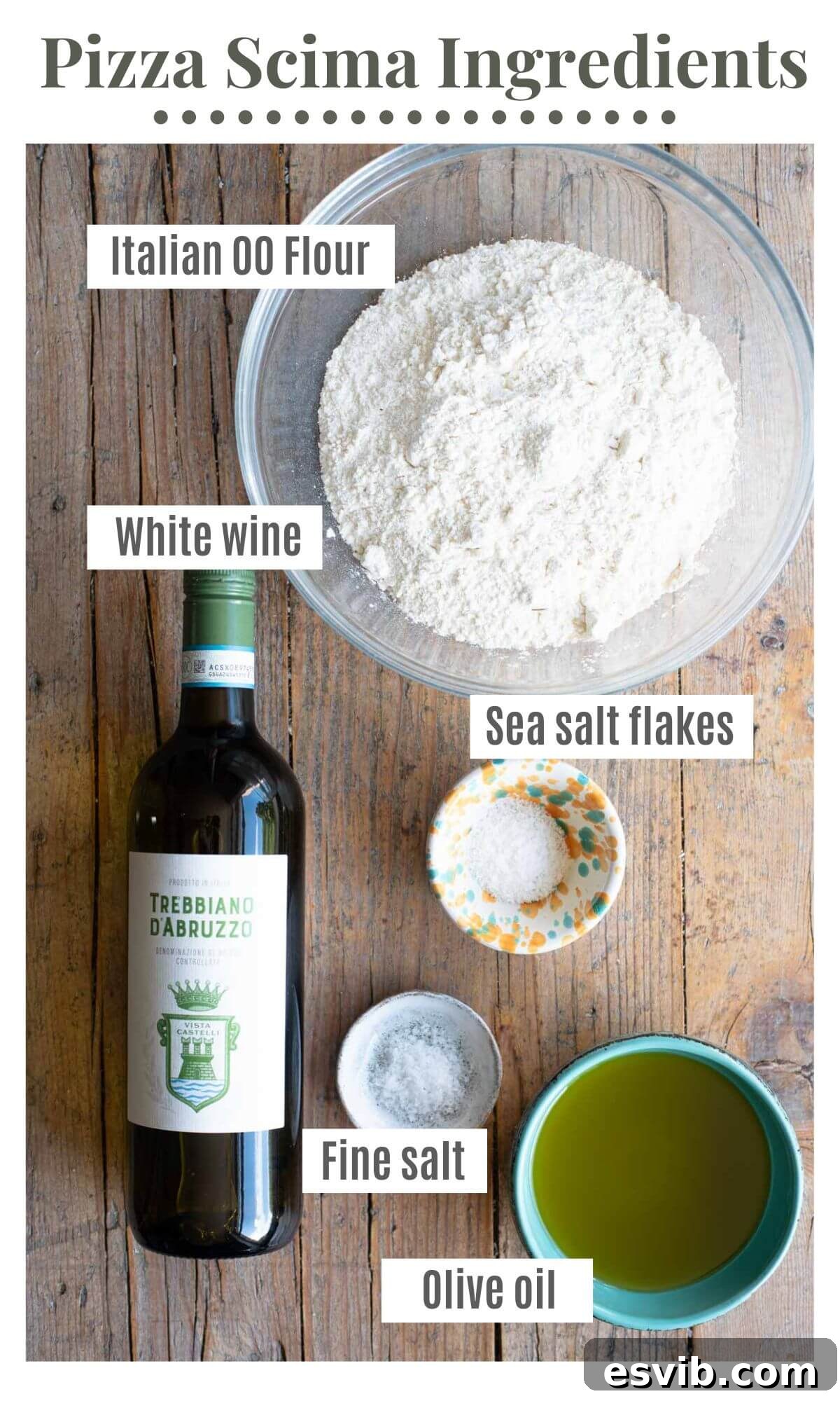 An overhead shot showcasing all the essential ingredients for Pizza Scima: a bowl of flour, a bottle of white wine, a bottle of olive oil, and a small dish of salt, arranged appealingly.