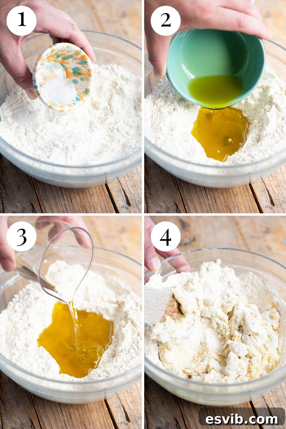Four photos in a collage demonstrating the initial steps of making Pizza Scima dough: mixing dry ingredients, creating a well, adding olive oil, and then pouring in white wine.