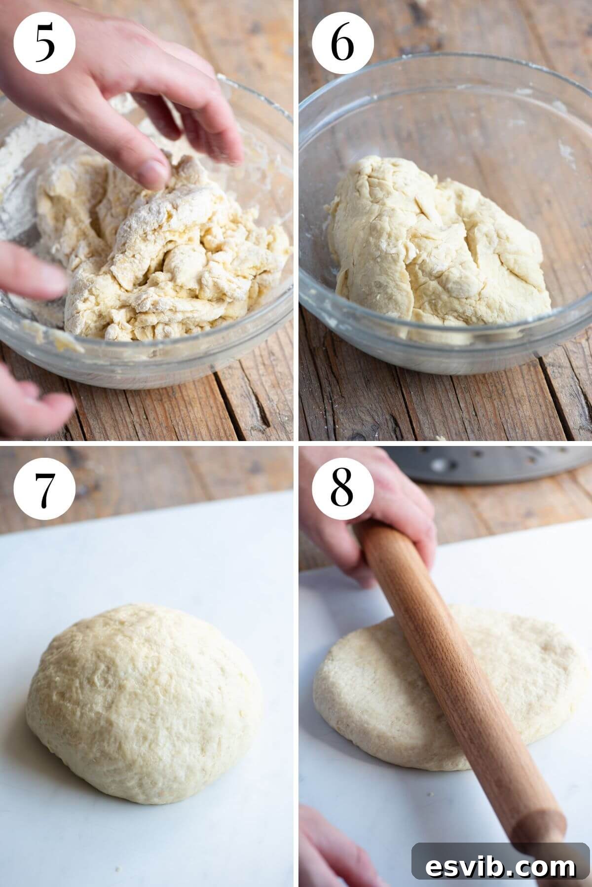 A four-photo collage illustrating the next steps of Pizza Scima preparation: mixing to form a rough dough, then briefly kneading it into a smooth ball.