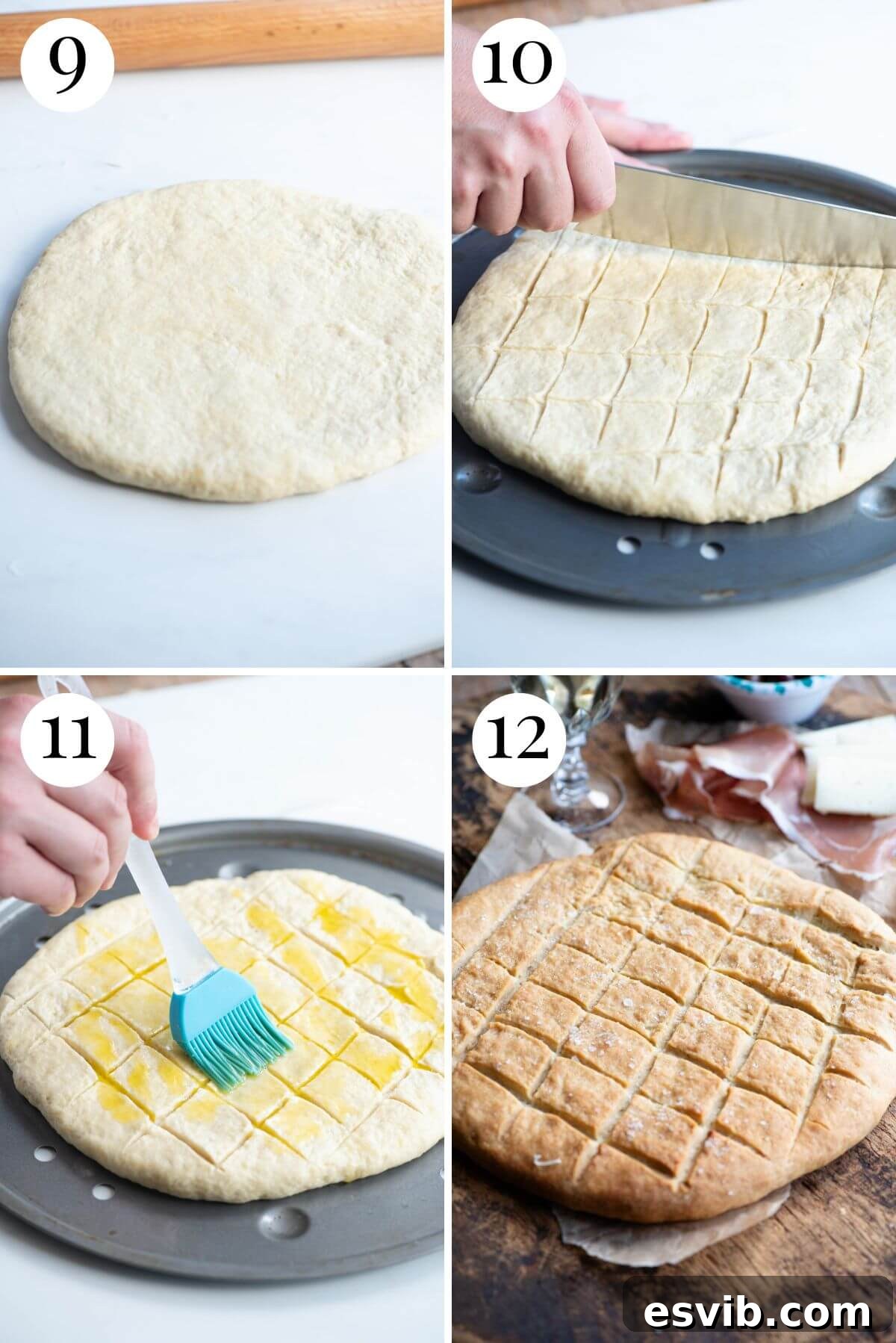 Four photos in a collage demonstrating the final shaping and preparation of Pizza Scima for baking: rolling out the dough, transferring to a tray, scoring the surface, and ready for the oven.