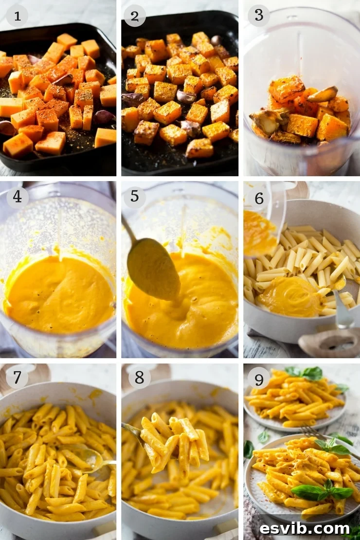 Two side-by-side photos demonstrating the step-by-step process of preparing butternut squash pasta, showing roasted squash and sauce blending.