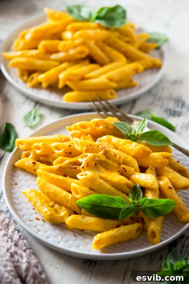 A close up of creamy butternut squash pasta on a plate, garnished with vibrant basil leaves.