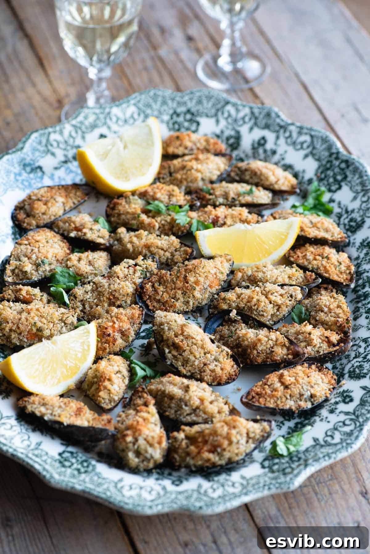 A large serving plate showcasing Italian stuffed mussels, garnished with fresh lemon wedges, with two glasses of wine softly blurred in the background, inviting a festive dining experience.