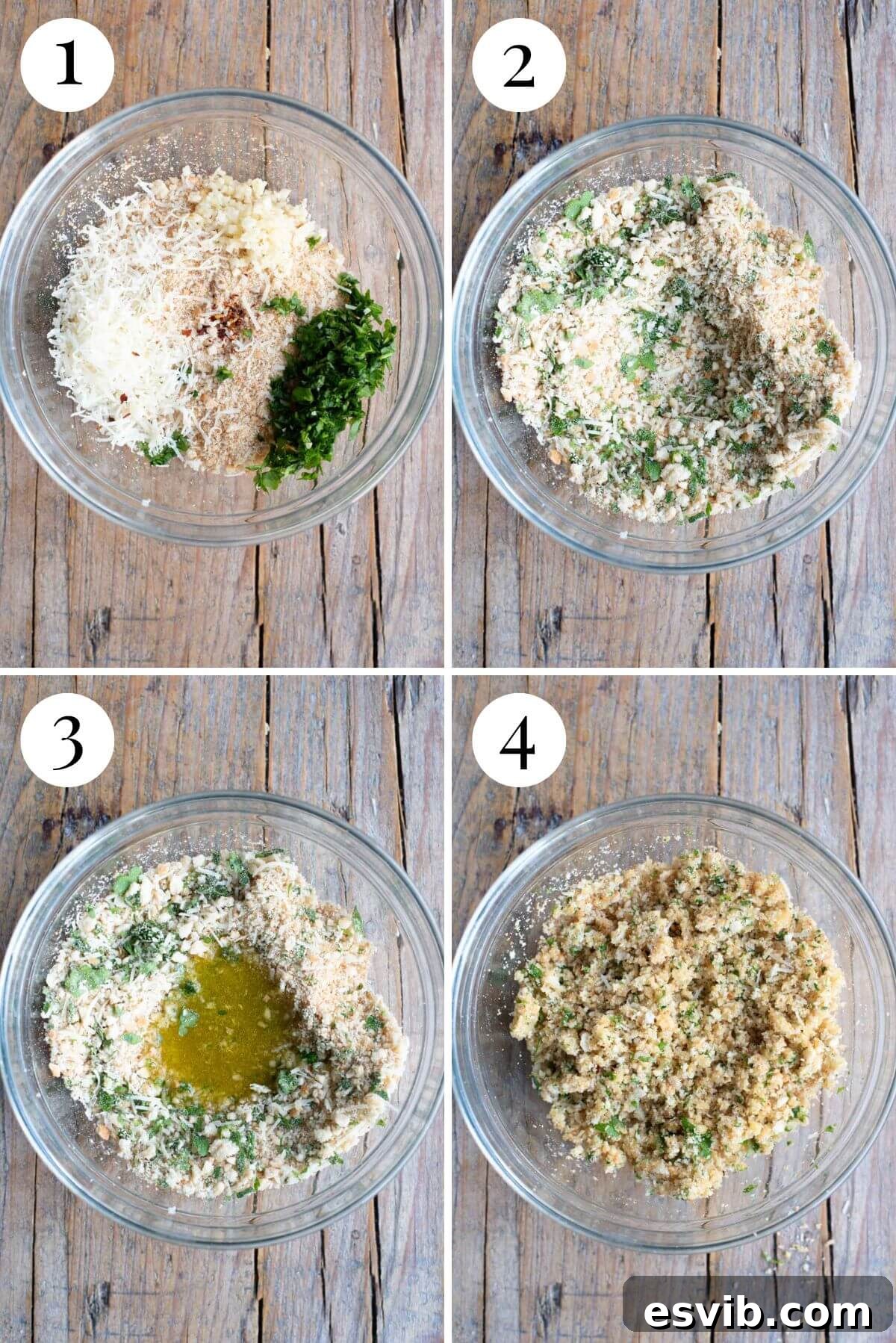A four-photo collage illustrating the step-by-step process of preparing the seasoned breadcrumb mixture for stuffed mussels, showing ingredients being combined and mixed.