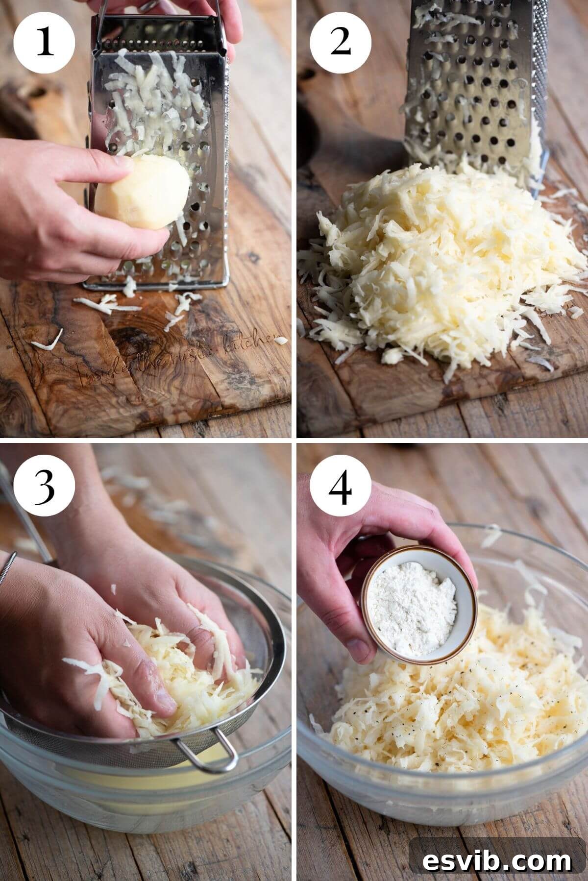 A four-photo collage demonstrating the initial steps: grating potatoes using a box grater and then effectively squeezing out excess liquid.