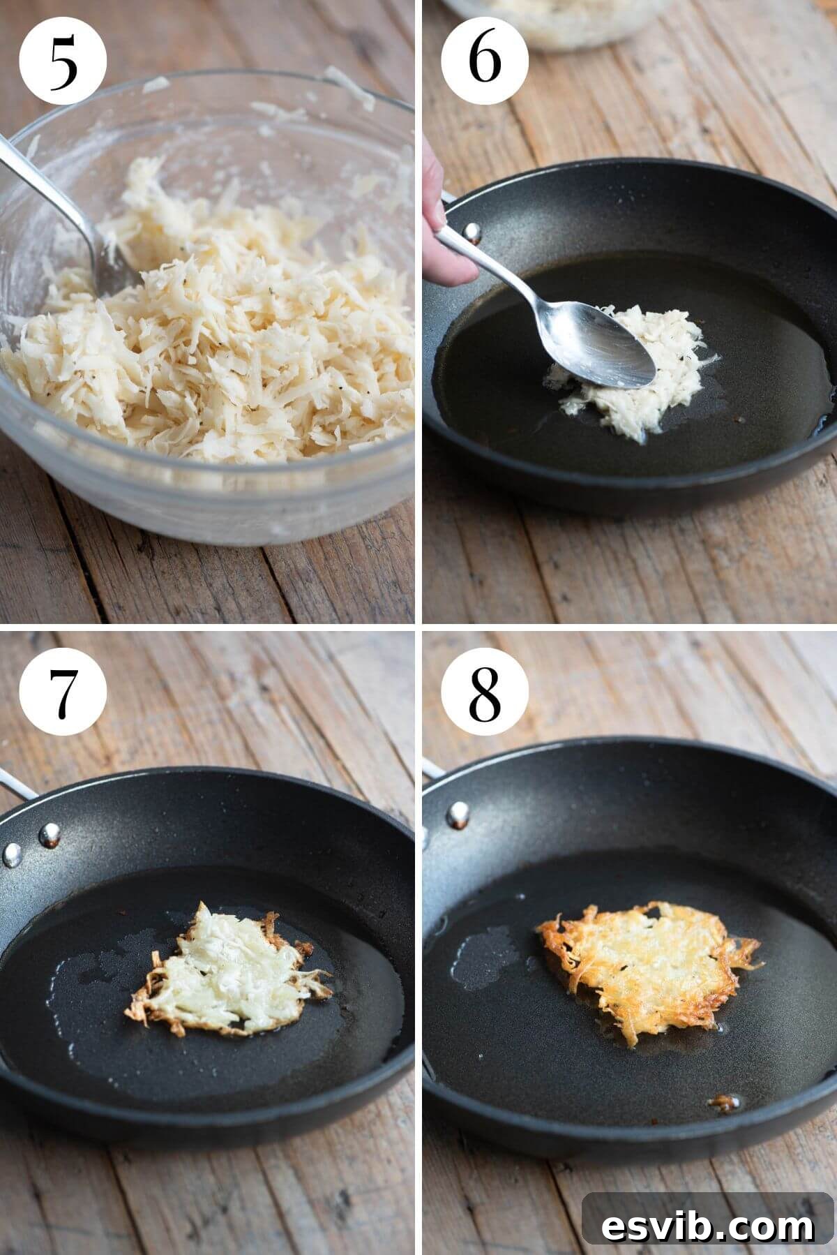 A four-photo collage illustrating the frying process of potato fritters: forming them in the pan and achieving a golden, crispy finish.