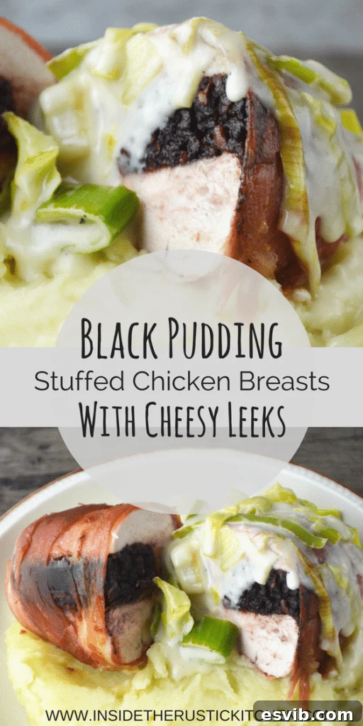 Serving suggestion: Black Pudding Stuffed Chicken with Cheesy Leeks and mashed potatoes A perfectly prepared Black Pudding Stuffed Chicken with Cheesy Leeks, ready to serve, from www.insidetherustickitchen.com