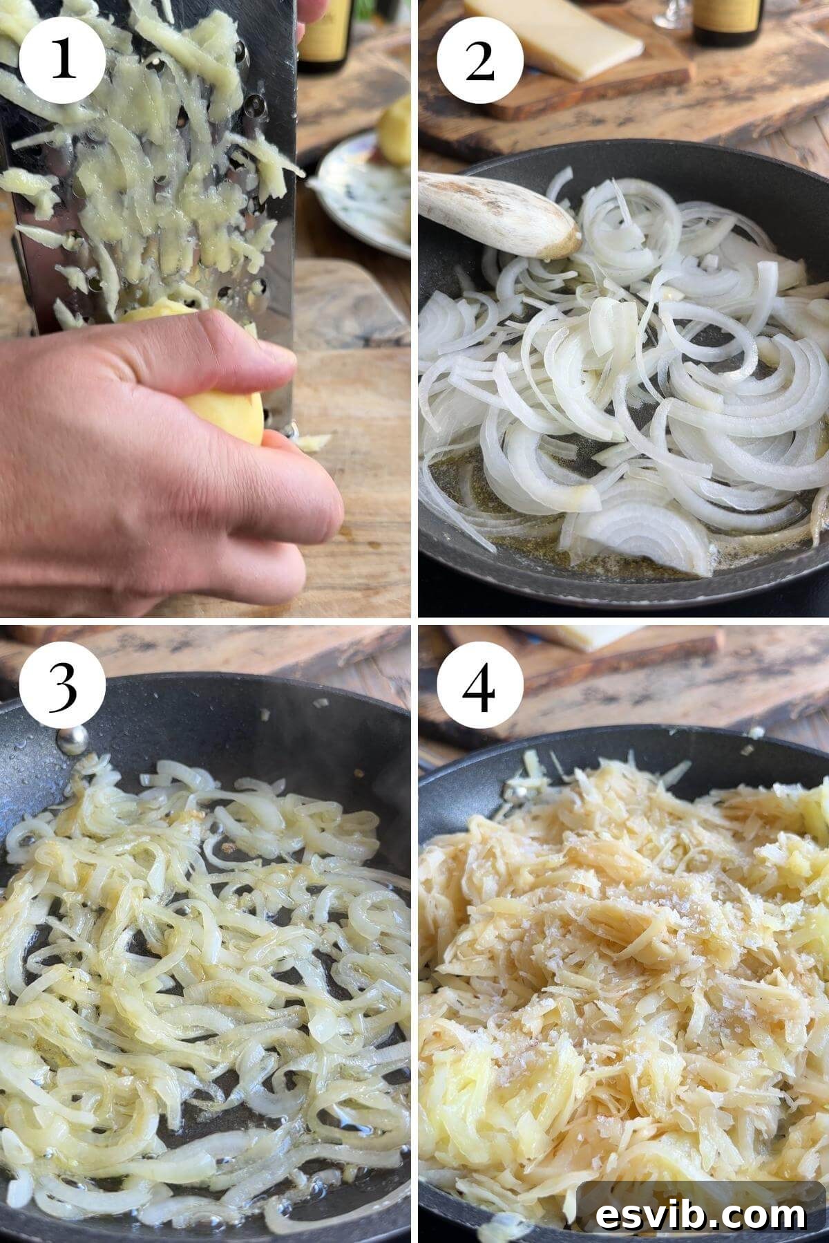 Golden Cheesy Potato Onion Cake 4 Four photos in a collage showing how to grate potato and saute onion and potato in a pan for Frico.