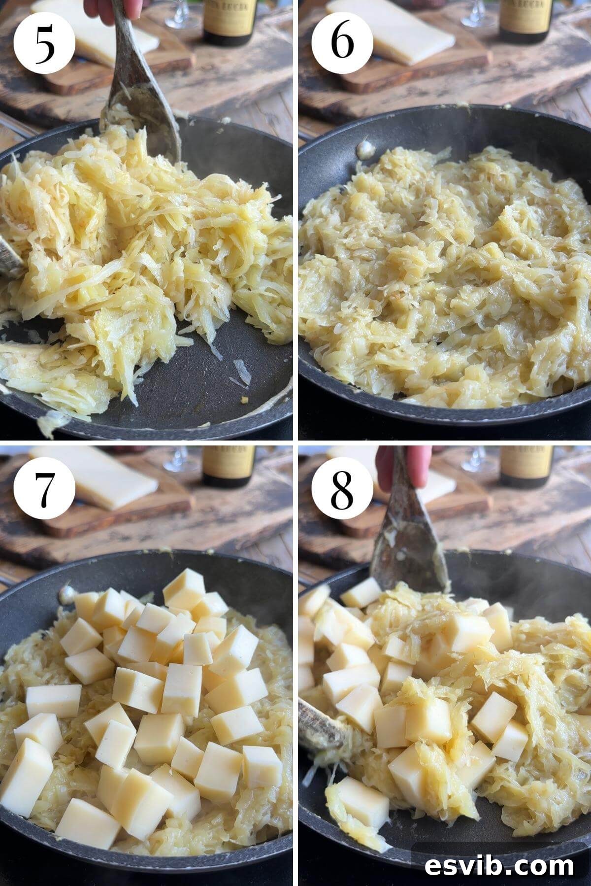 Golden Cheesy Potato Onion Cake 5 Four photos in a collage showing how to combine cheese, potato, and onion to form the Frico cake.