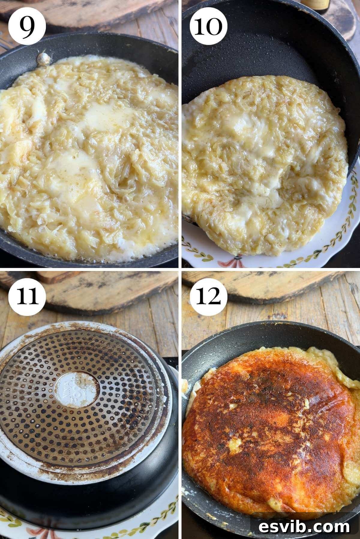 Golden Cheesy Potato Onion Cake 6 Four photos in a collage demonstrating the technique of flipping Frico to cook the second side.