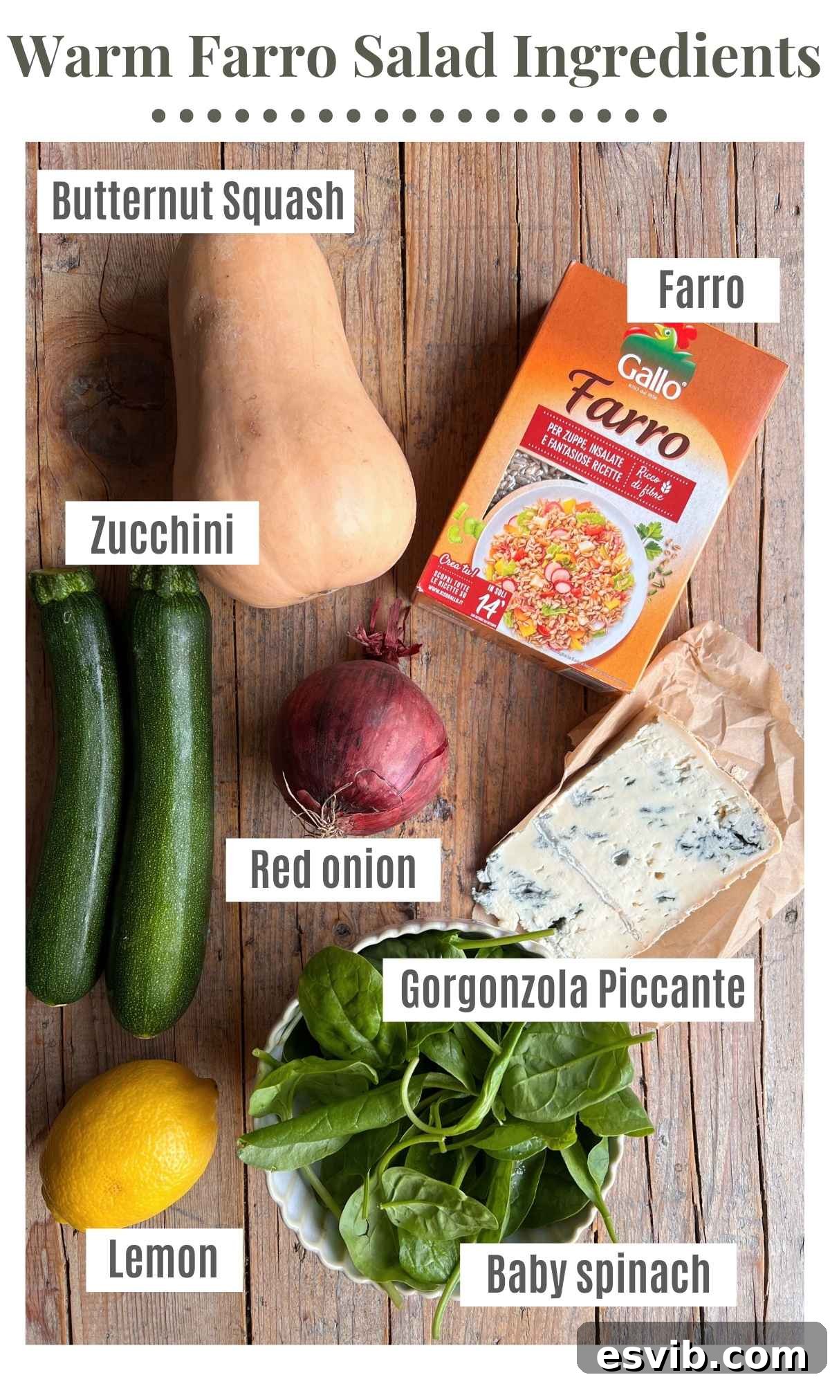 Cozy Butternut Farro with Gorgonzola 3 An overhead shot displaying all the fresh ingredients required to prepare a warm farro salad with butternut squash, spinach, and Gorgonzola.