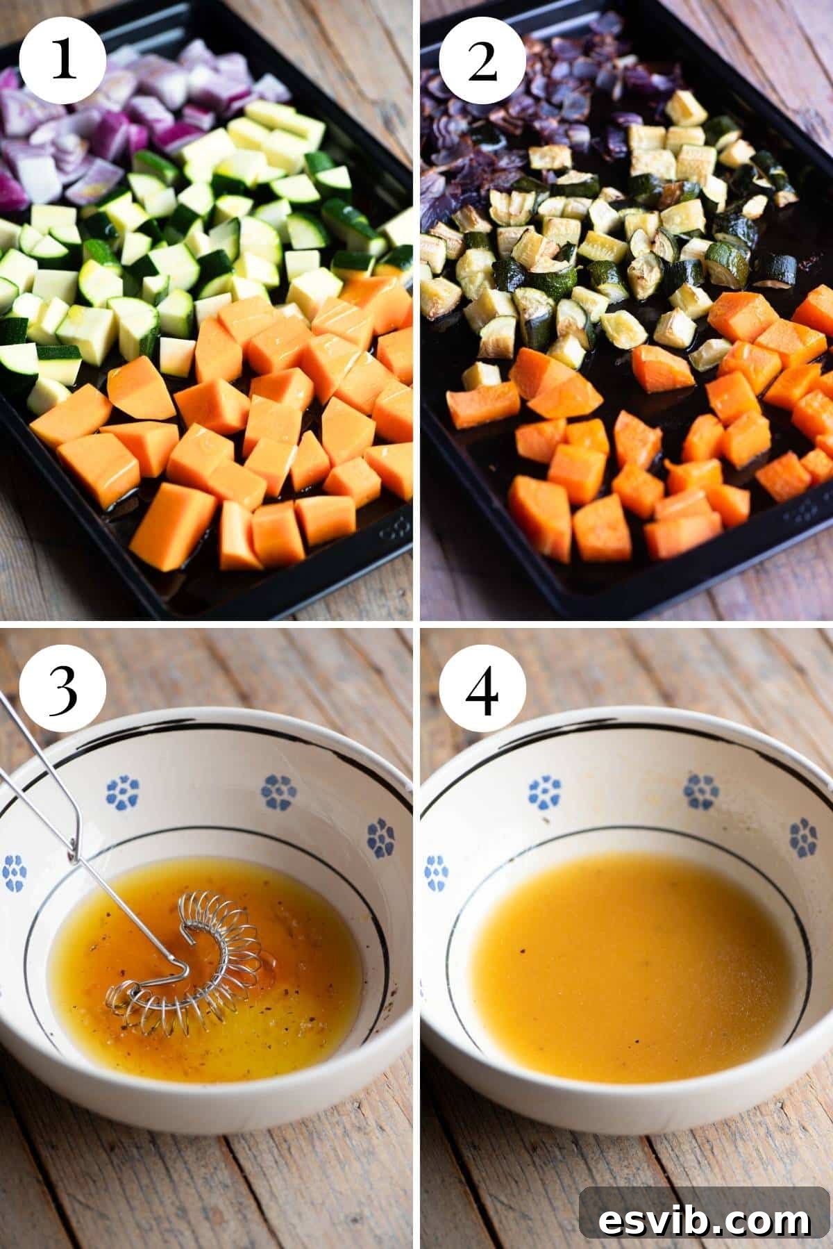 Cozy Butternut Farro with Gorgonzola 4 Four photos in a collage showing the process of roasting vegetables and preparing a simple salad dressing.