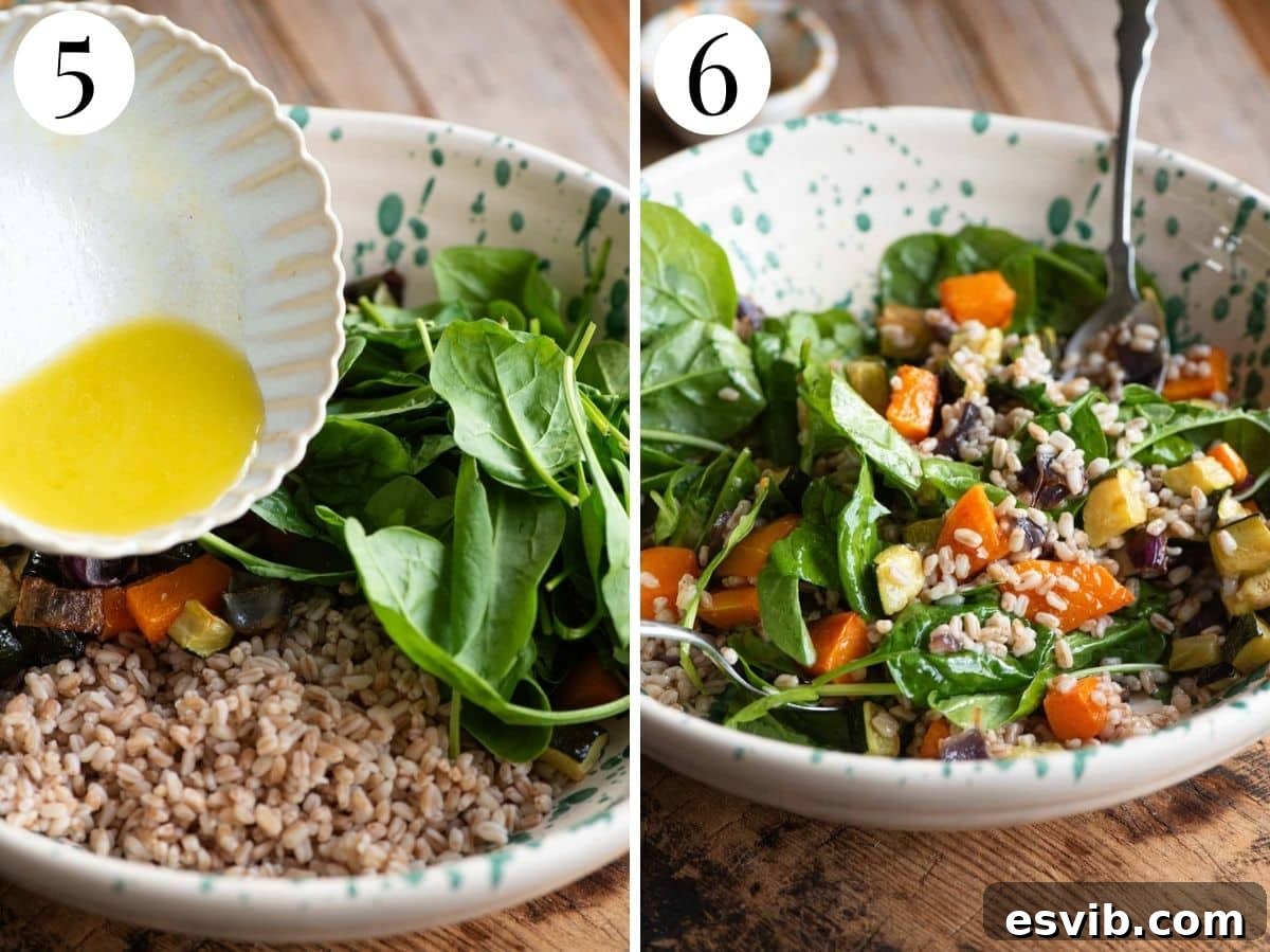 Cozy Butternut Farro with Gorgonzola 5 Two photos in a collage demonstrating how to mix a warm farro salad with dressing and spinach.
