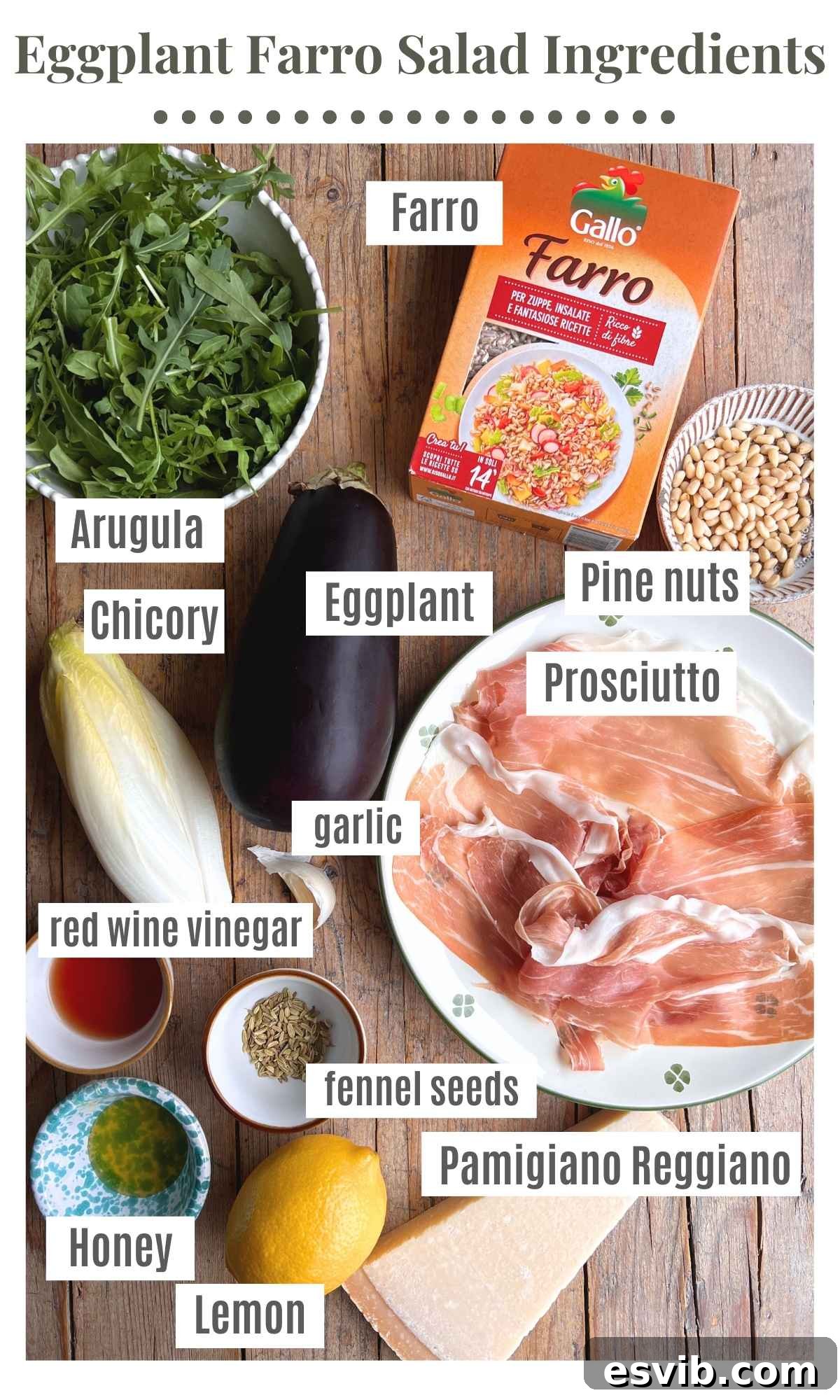 Italian Harvest Farro with Prosciutto 3 An overhead shot of all the fresh ingredients needed to make a delicious eggplant farro salad, neatly arranged.
