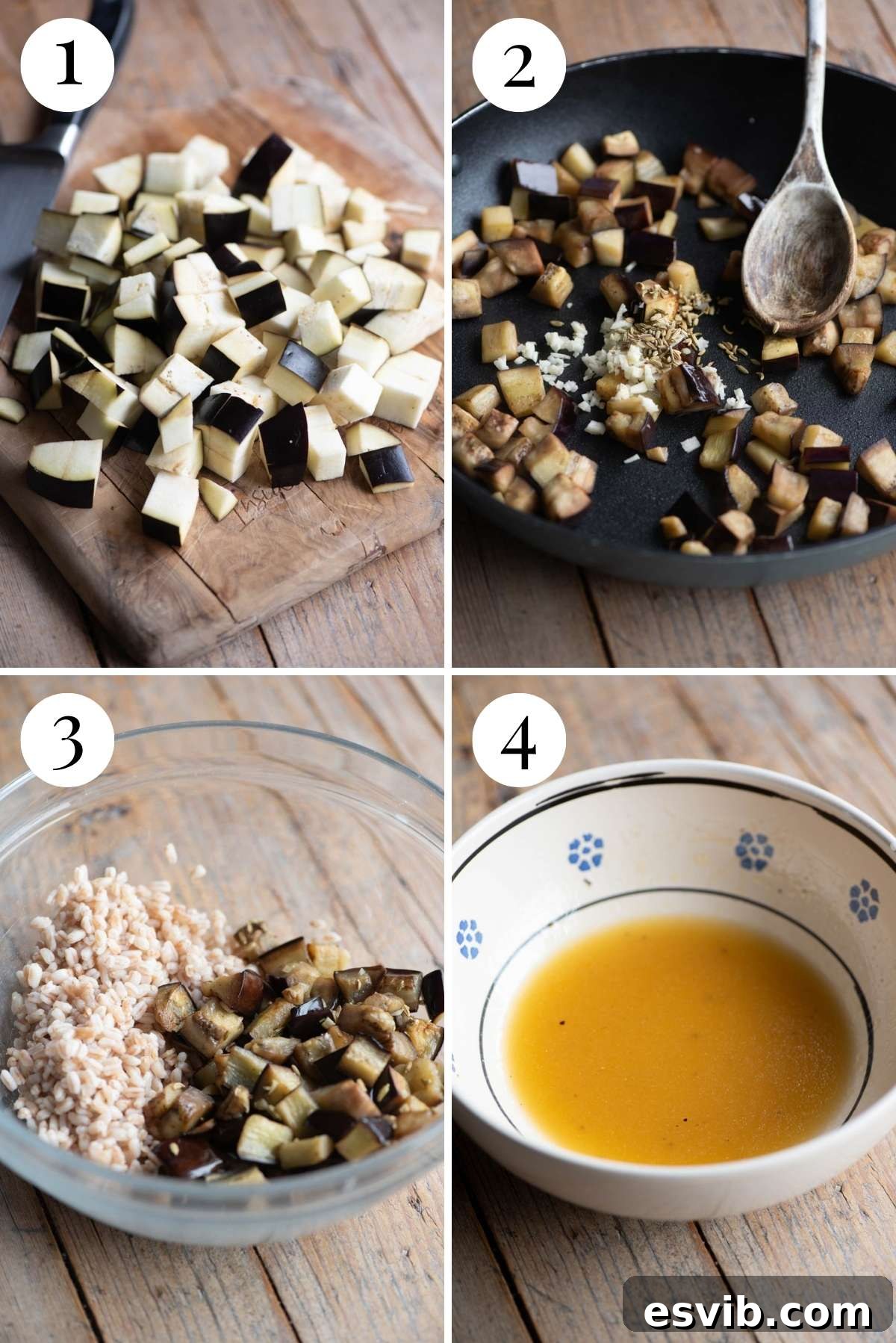 Italian Harvest Farro with Prosciutto 4 Four photos in a collage showing how to saute eggplant until golden brown and tender, and how to whisk together the salad dressing.