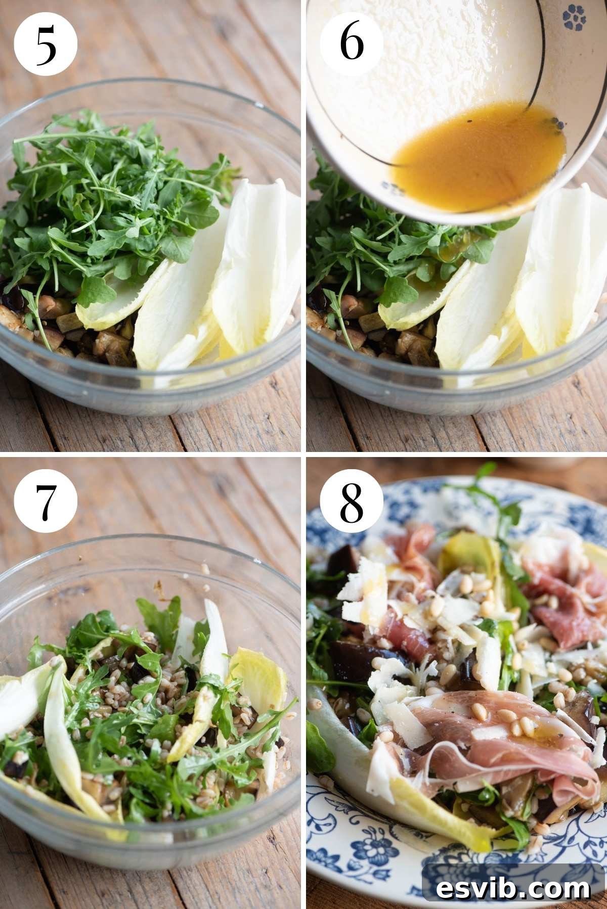 Italian Harvest Farro with Prosciutto 5 Four photos in a collage showing how to combine cooked farro and eggplant, add greens, and toss with dressing to assemble the salad.
