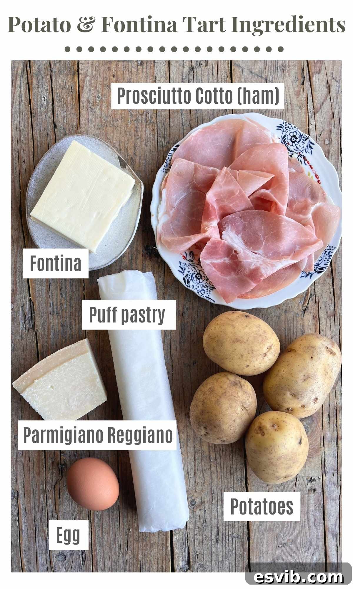 Flaky Potato & Cheese Tart 3 An overhead shot of ingredients needed to make a potato and puff pastry tart.