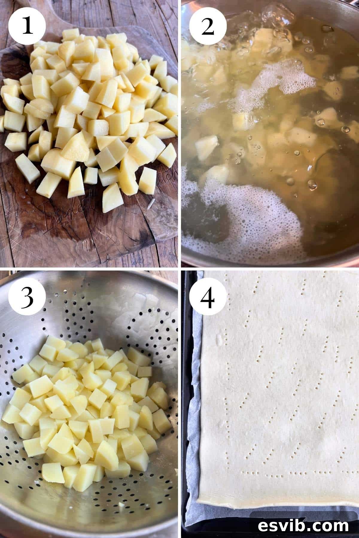 Flaky Potato & Cheese Tart 4 Four photos in a collage showing how to parboil and prepare potatoes.
