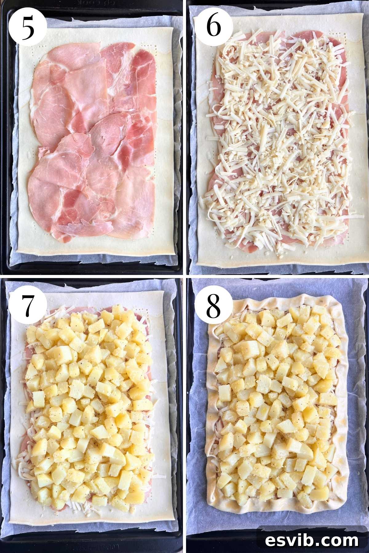 Flaky Potato & Cheese Tart 5 Four photos in a collage showing how to assemble and bake a puff pastry and potato tart with fontina and ham.