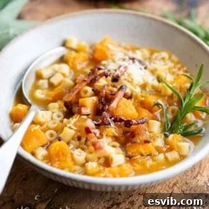 A close up cropped image of a bowl of butternut squash and pasta soup on a wooden background.