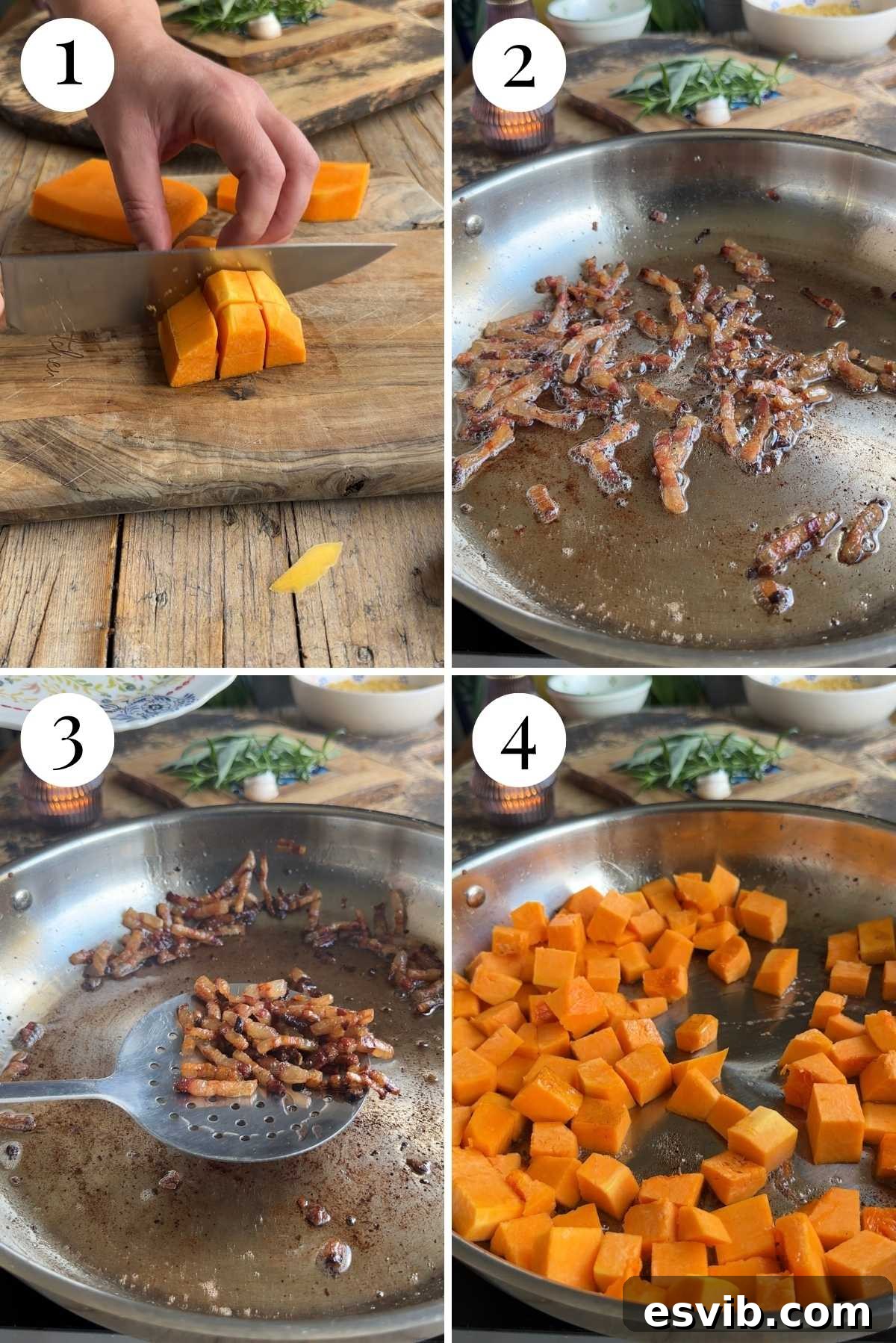 Velvety Butternut Squash Pasta Soup, Crispy Pancetta Finish 4 Four photos in a collage showing how to fry and saute pancetta and squash.
