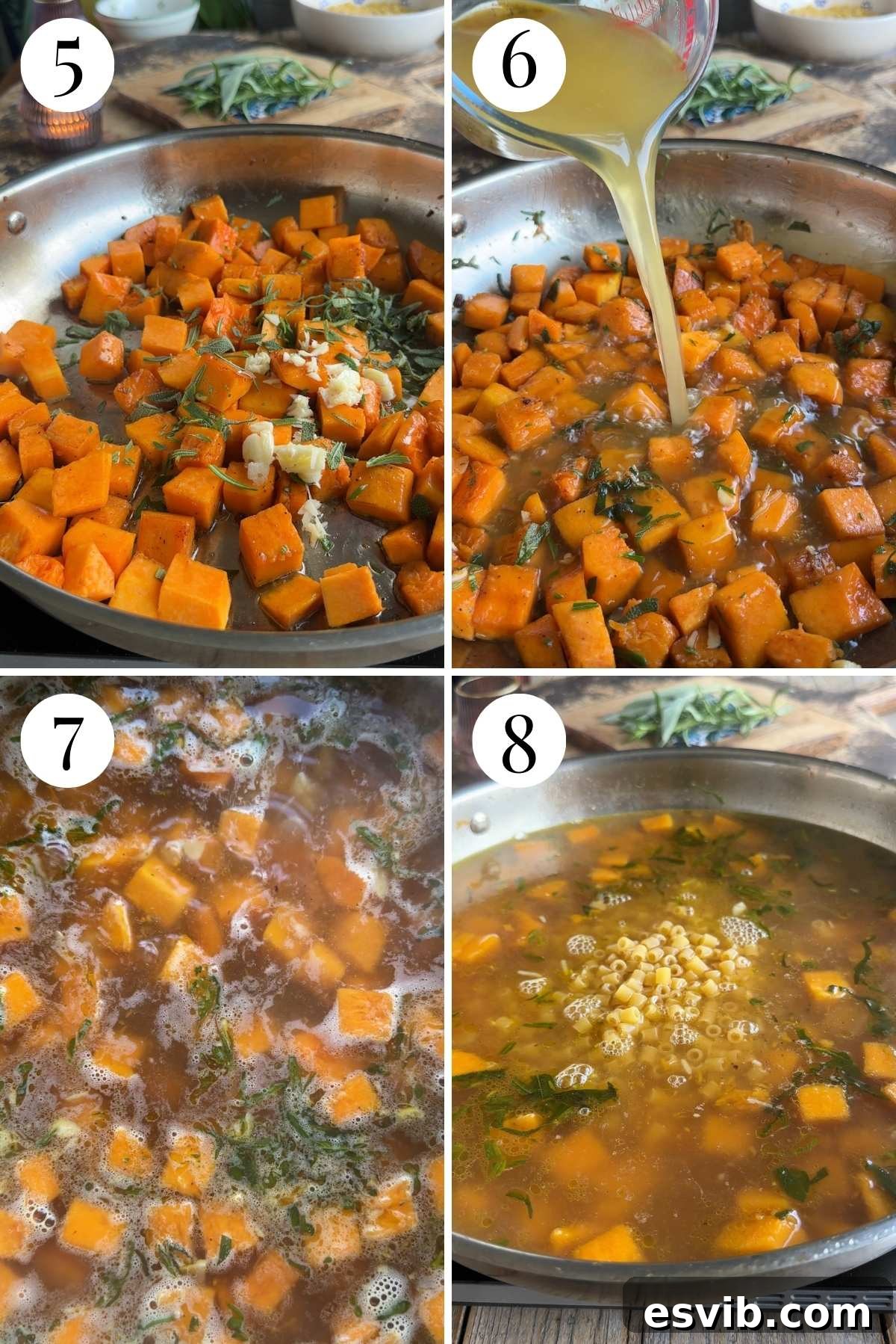 Velvety Butternut Squash Pasta Soup, Crispy Pancetta Finish 5 Four photos in a collage showing how to make squash soup with pasta.