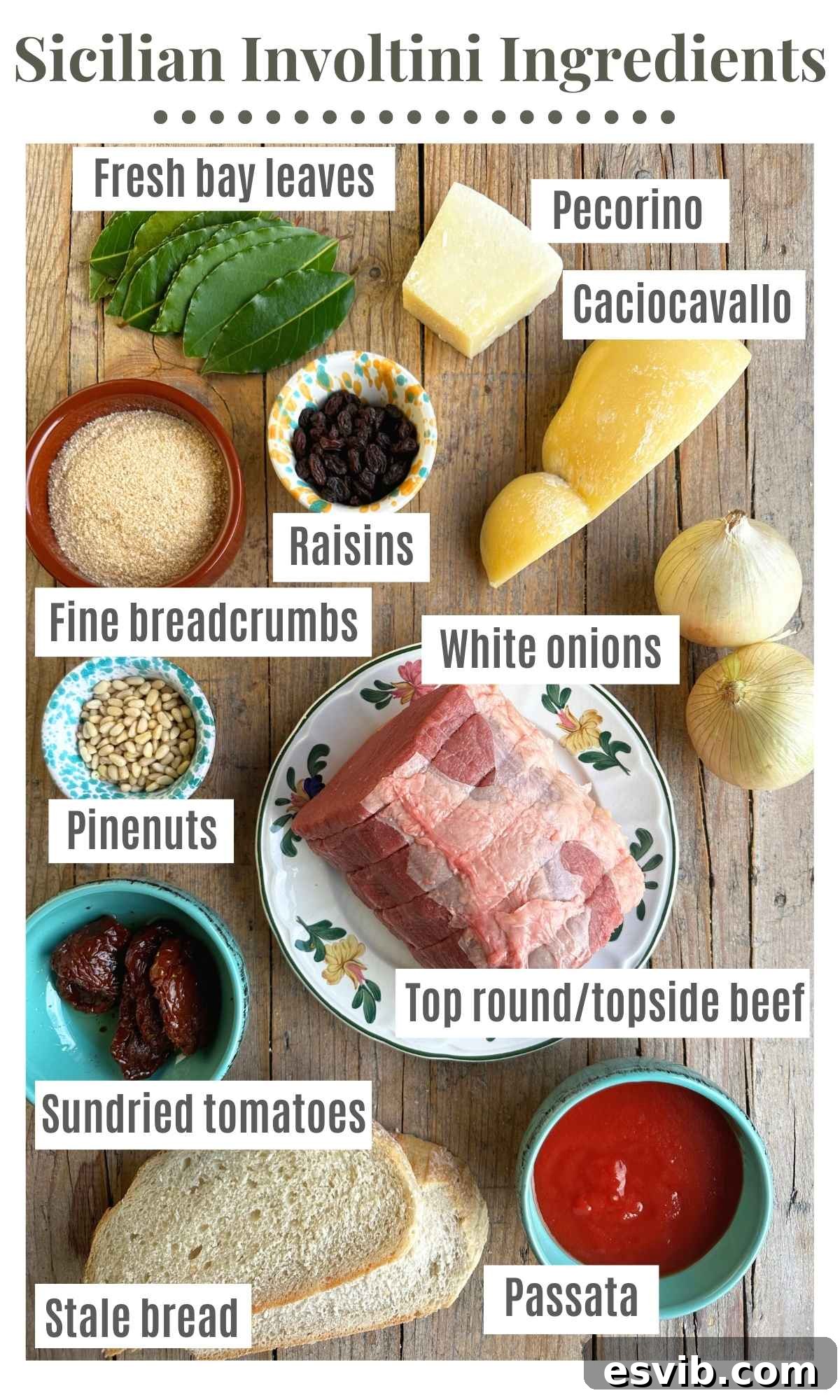 An overhead shot of all the fresh ingredients needed to make Sicilian involtini, neatly arranged on a rustic surface.