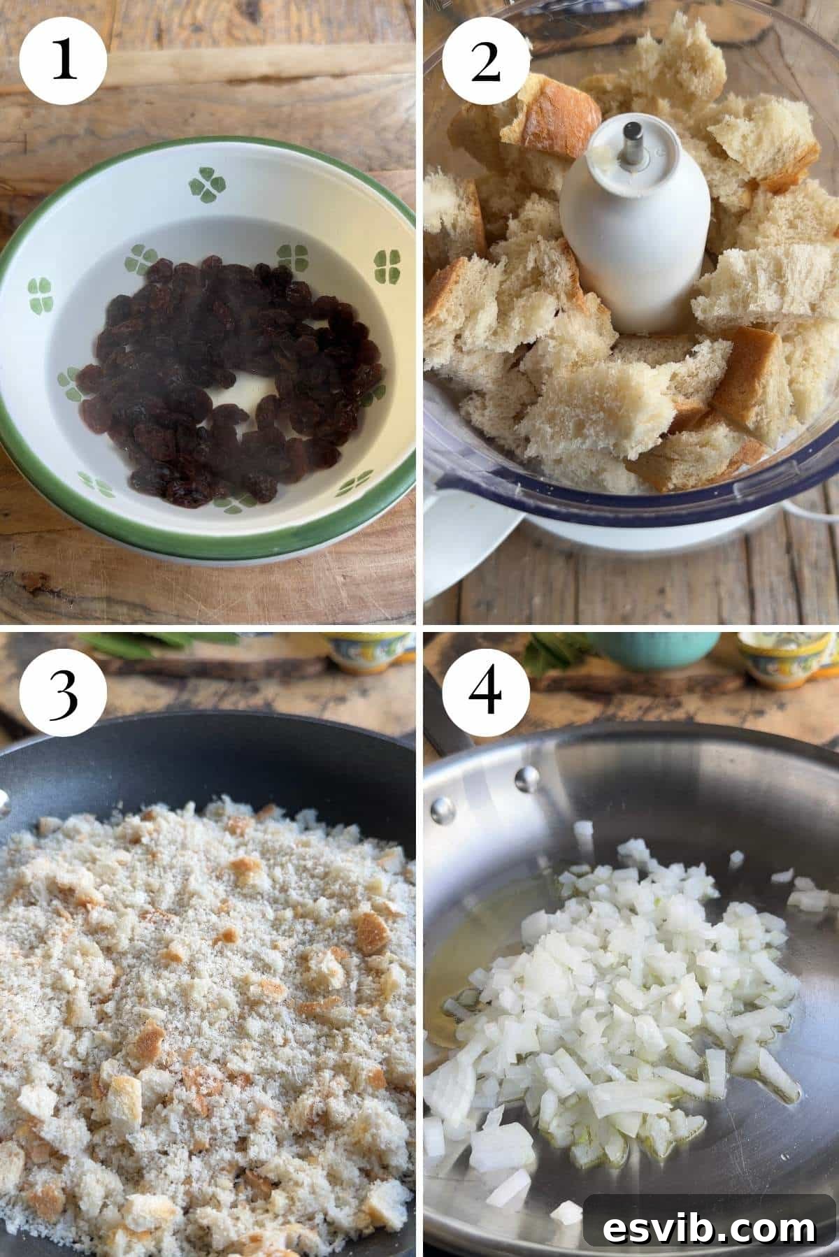 Four photos in a collage showing how to soak raisins and make breadcrumbs from stale bread.