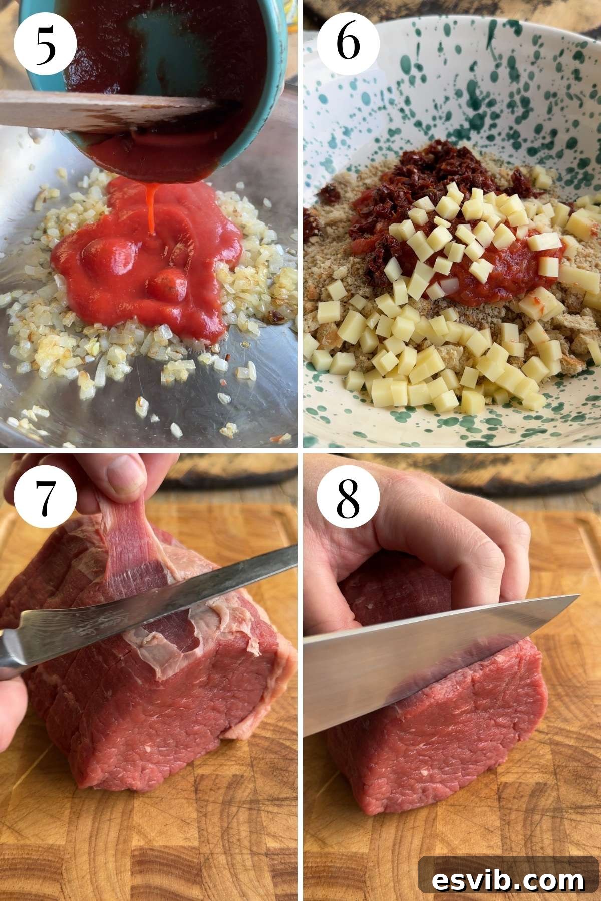 Four photos in a collage demonstrating how to prepare the involtini filling and thinly slice beef.